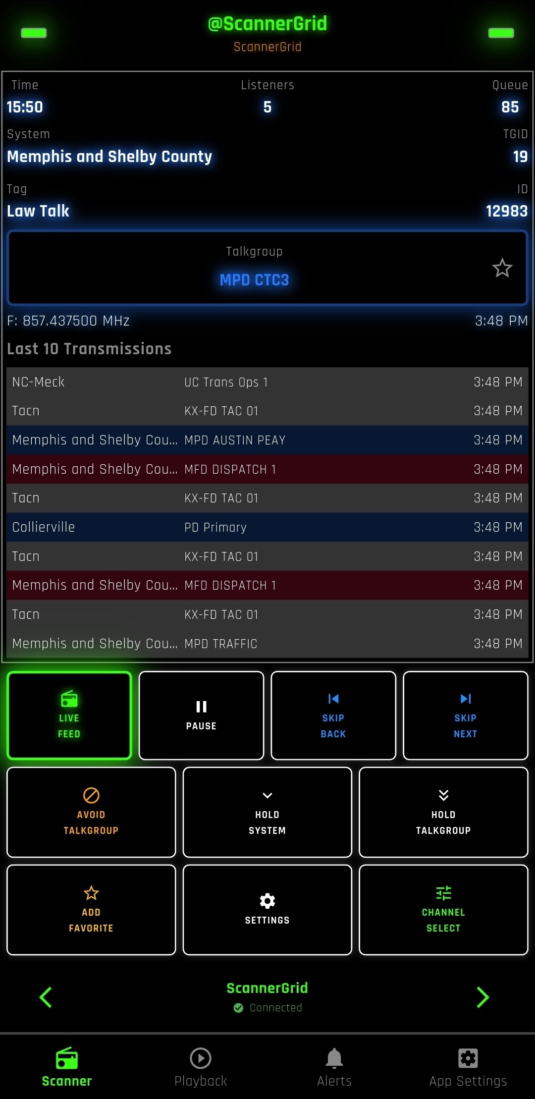 Main listening screen